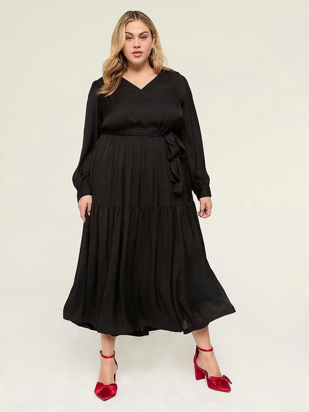 Lane Bryant Black V-Neck Long Sleeve Tiered Maxi Dress with Waist Tie